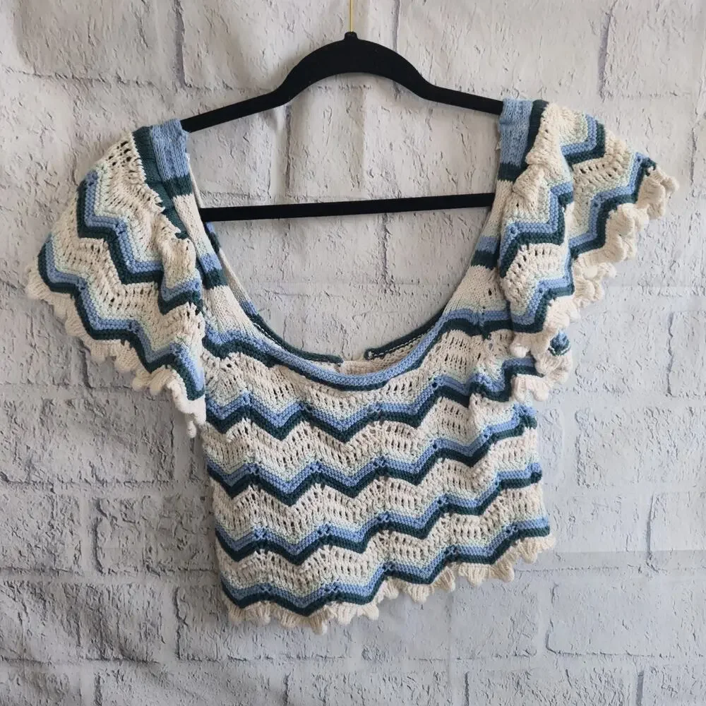 Zara Boho Blue And Cream Striped Crochet Knit Button Up Crop Top